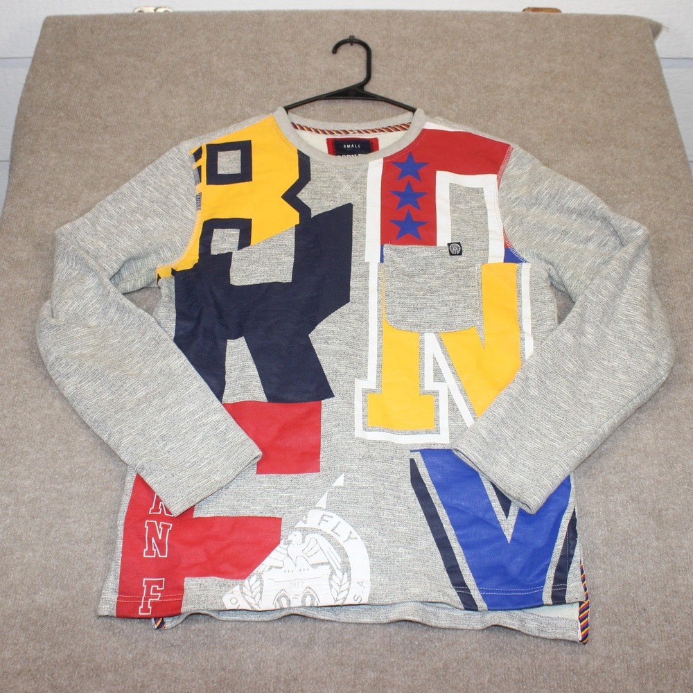 Born Fly Mens Small Grey Marl Graphic Patchwork Long Sleeve Crewneck Top USA